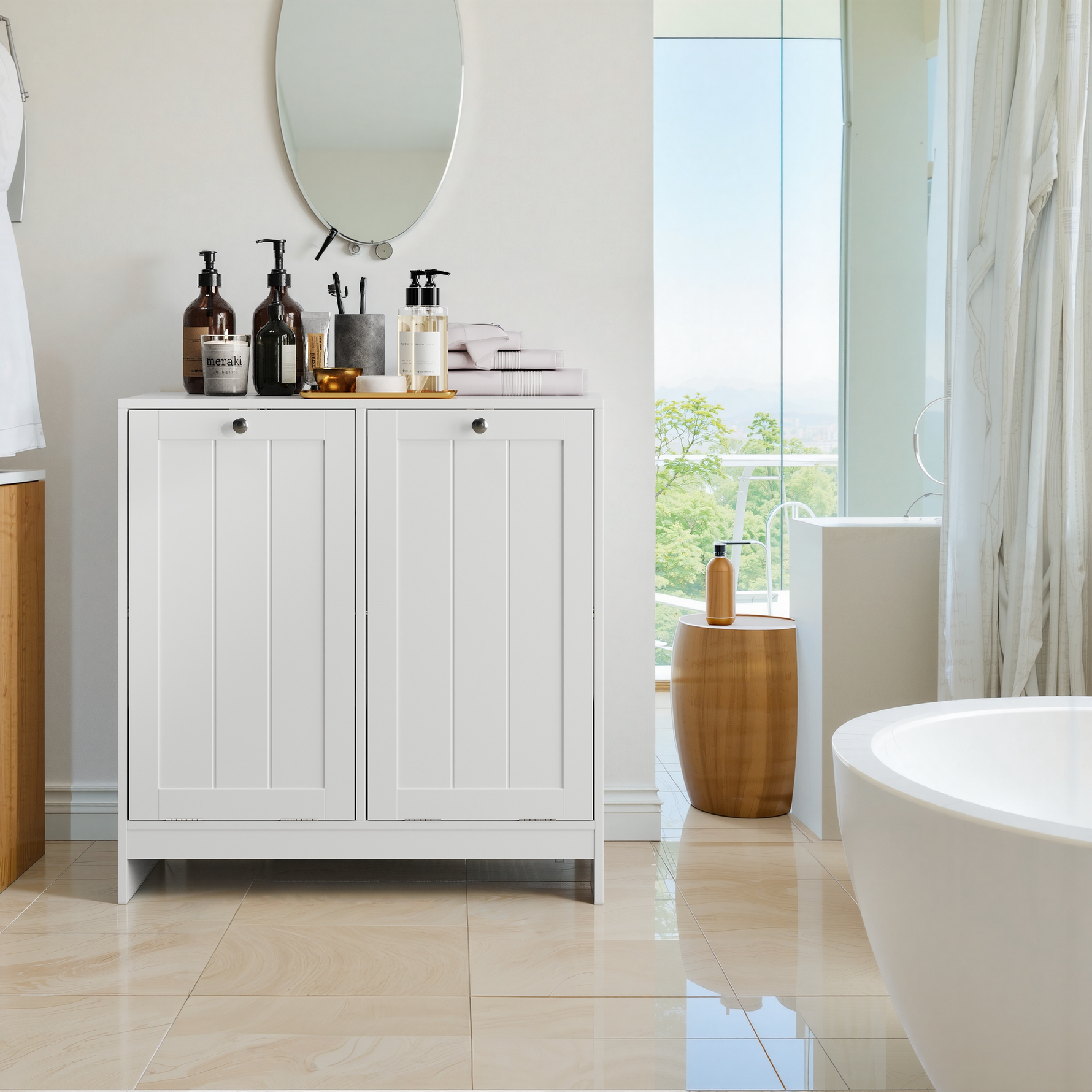 Tilting Laundry Basket Cabinet with Removable Hamper and Storage, Freestanding Bathroom Organizer, White MDF
