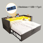 Upholstered Sofa Bed Extendable 90/180*190cm, LED Lights, Storage, Dark Grey