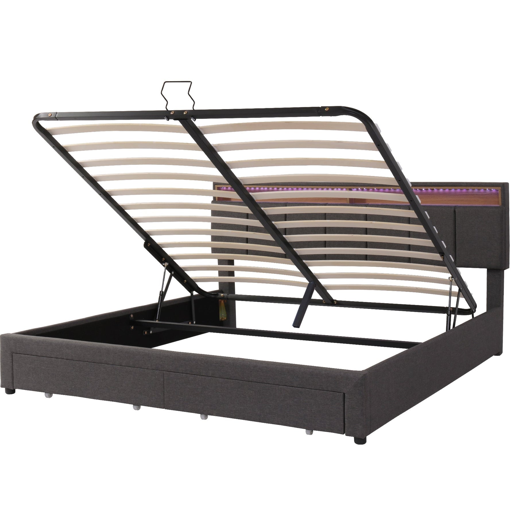 Upholstered Double Bed 180x200cm Hydraulic Storage LED Drawers - Linen Grey
