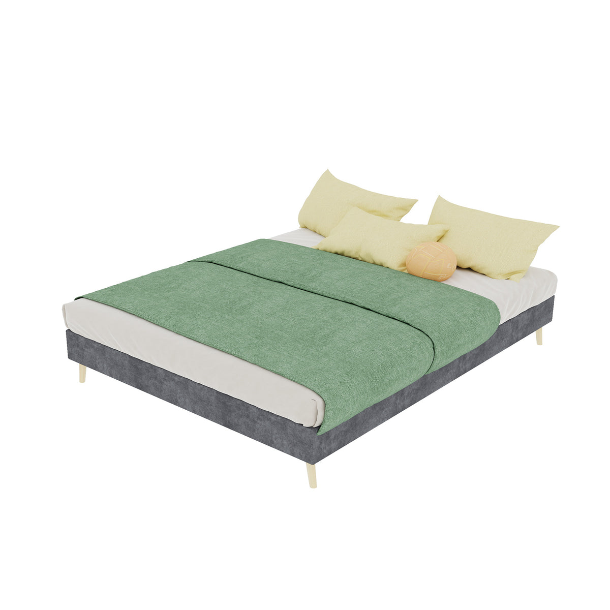 Modern Minimalist Bed Frame, 140x200cm with Mattress, Gray Velvet