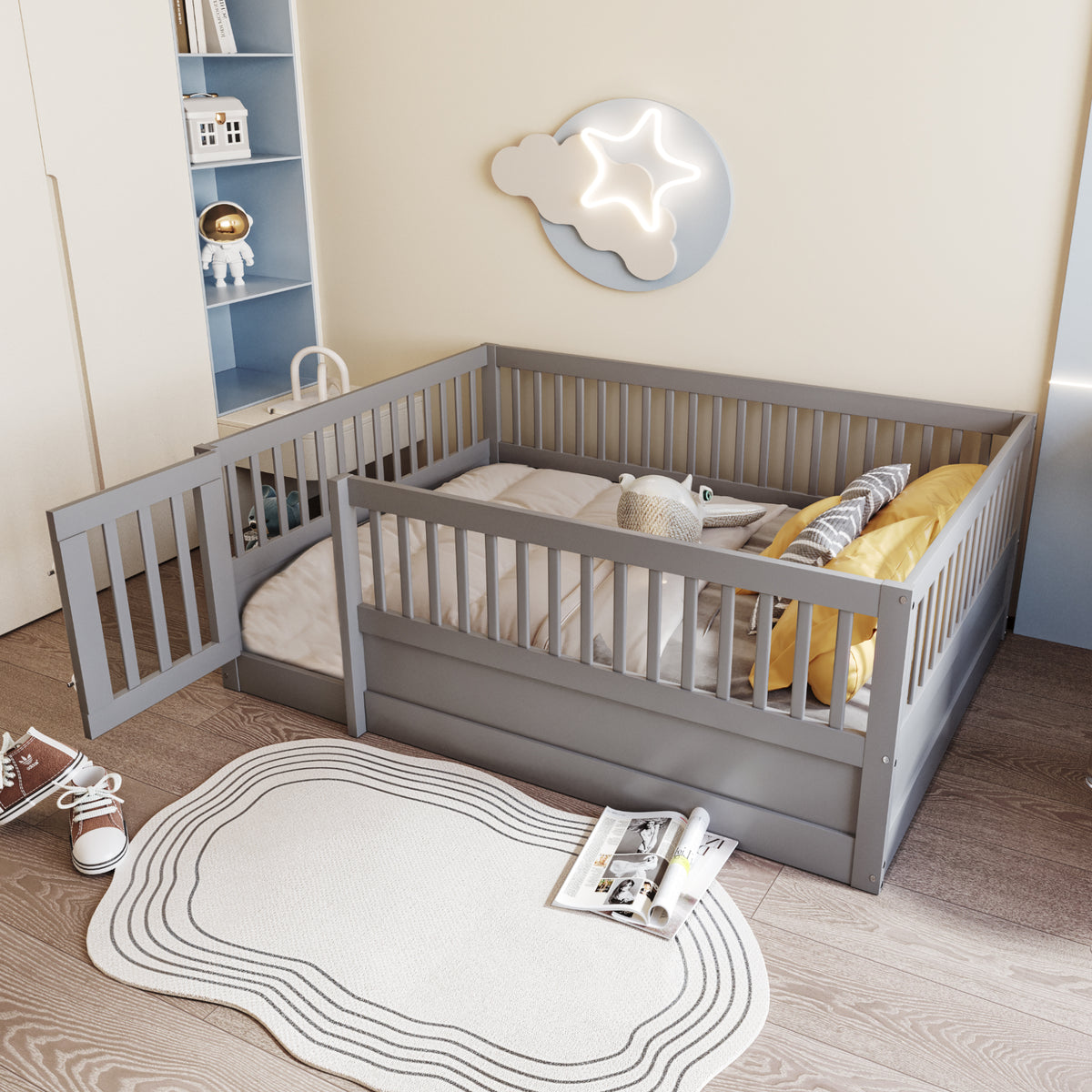 Children's Bed 140x200cm with Railing & Door, Grey Wood