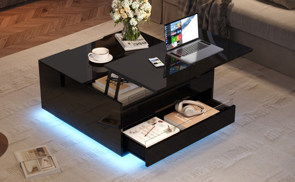 Living Room Coffee Table, Liftable with LED Light Strip, 1 Drawer, Hidden Storage & Flip-Up Doors, High-Gloss Black
