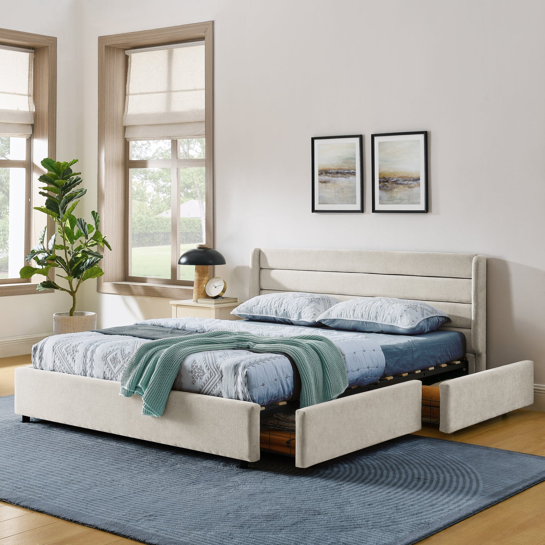 Double Bed 140x200cm 4 Storage Drawers Chenille - Beige