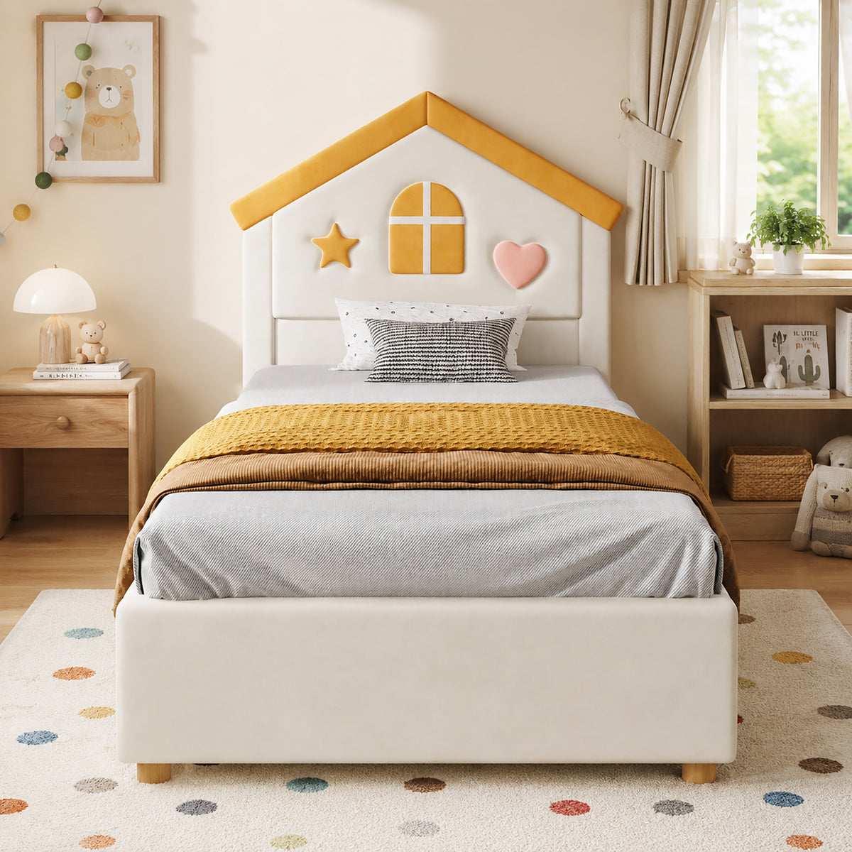 Children's House Bed 90x200 with 4 Drawers, Beige Velvet