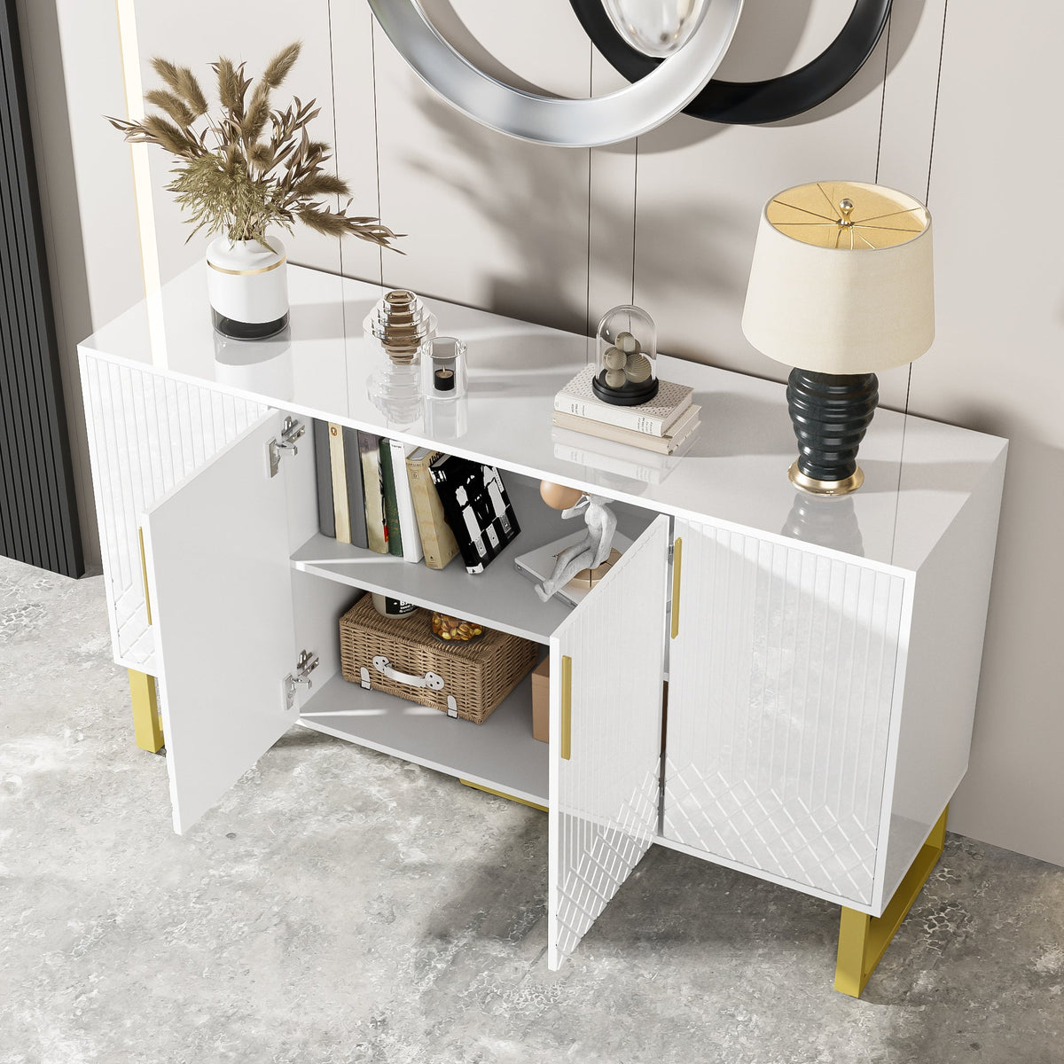 High-gloss Sideboard, 4 Doors, Metal Handles & Legs, White