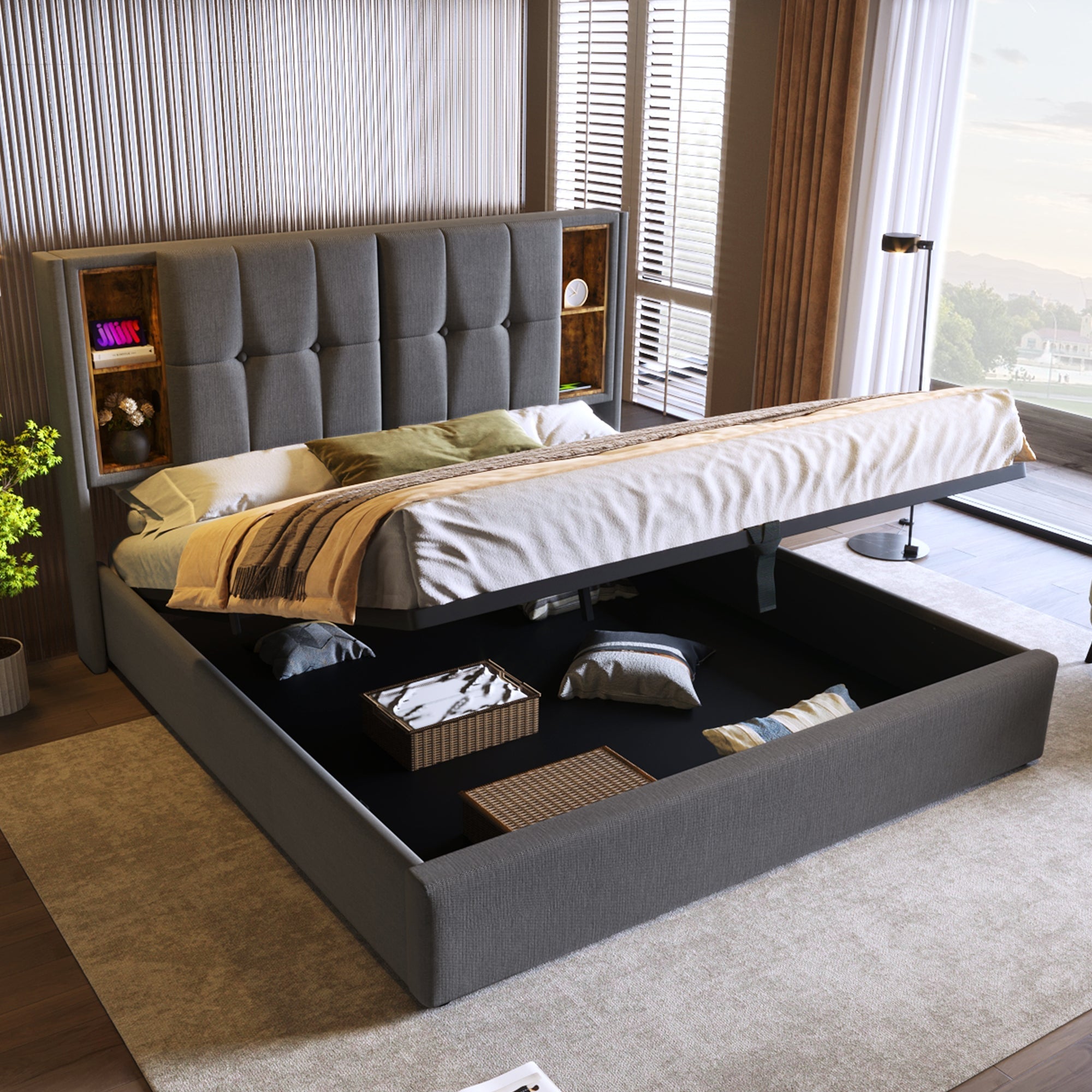 Double Bed with Wireless Charging & Storage, 160x200cm Upholstered, Grey Cotton