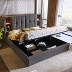 Double Bed with Wireless Charging USB C, 140x200cm, Storage, Wood-Grey Cotton