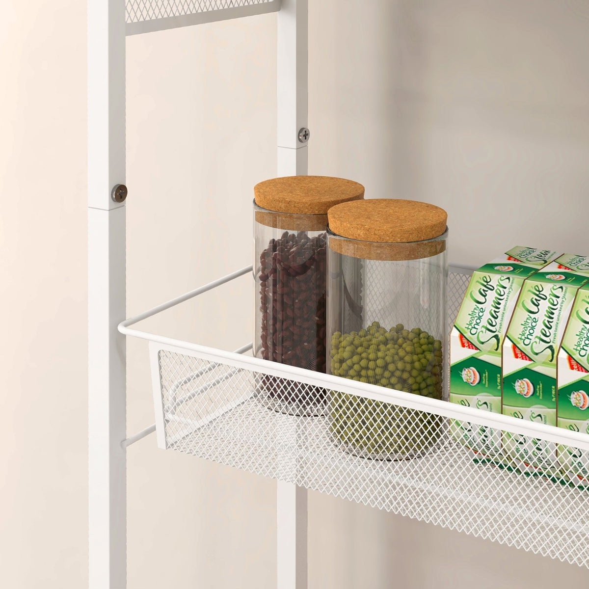 Kitchen Trolley Serving Cart, 3 Levels, Worktop, Hooks, Steel, White