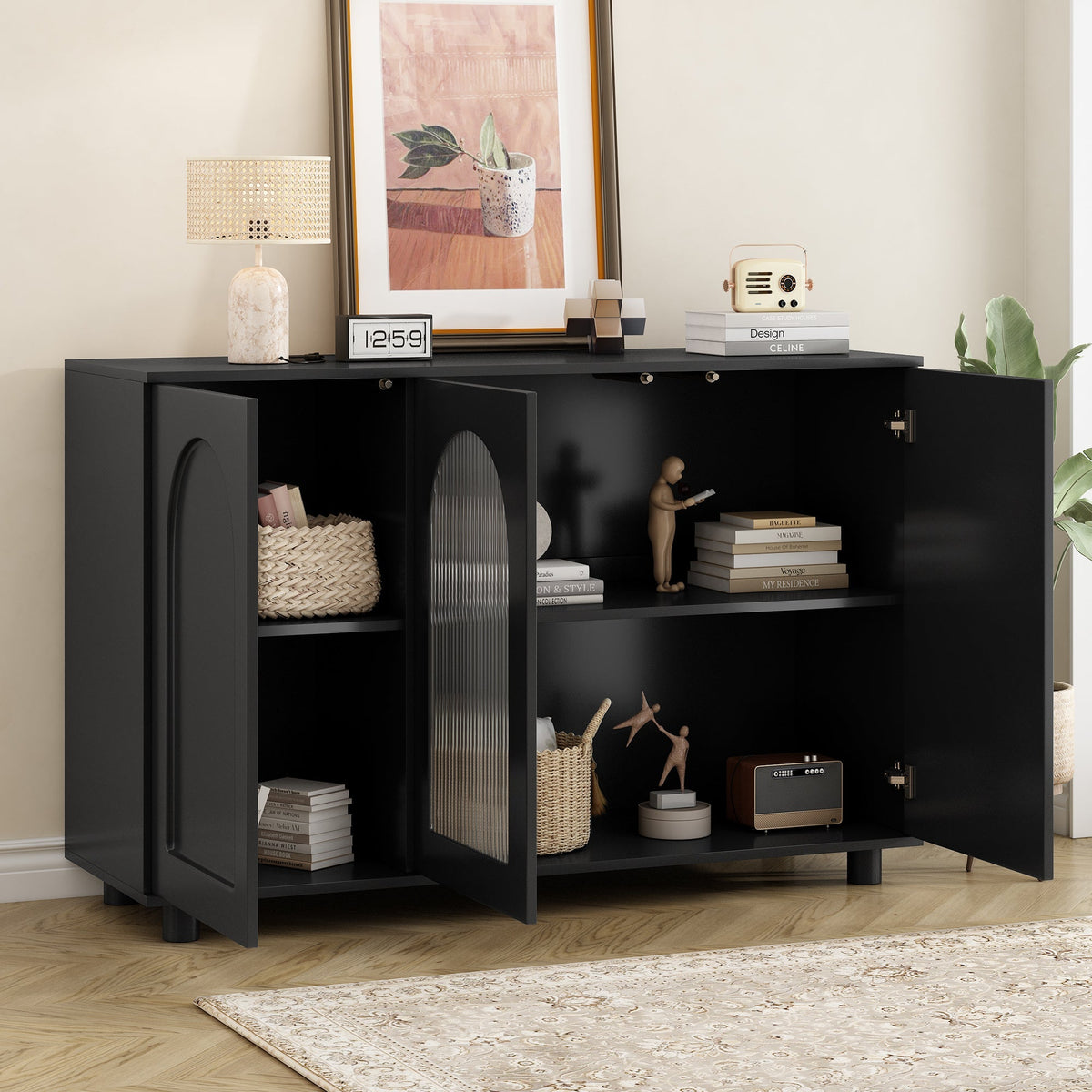 Sideboard U-Shaped Glass Door Rebounder Design - Black