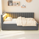 Upholstered Sofa Bed with LED Lighting and Hydraulic Storage, Velvet Beige/Gray