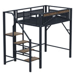 Metal Loft Bed, 140x200cm, Window Design, Safety Ladder, Storage, Black