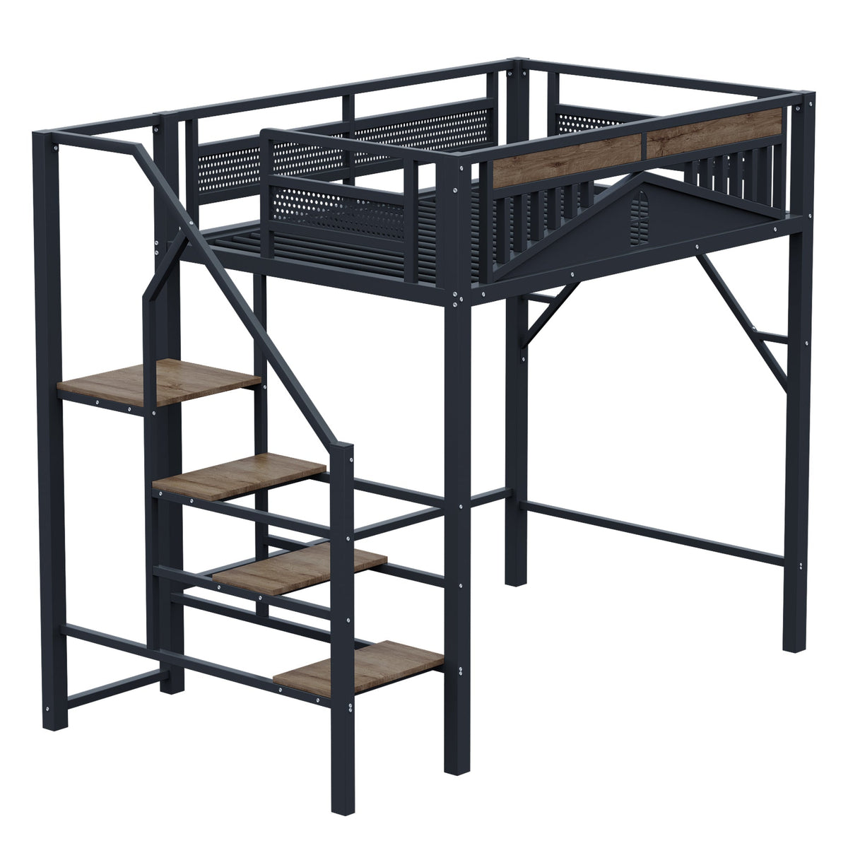 Metal Loft Bed, 140x200cm, Window Design, Safety Ladder, Storage, Black