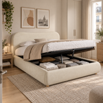Upholstered Double Bed 160x200cm Hydraulic Storage, Beige Chenille