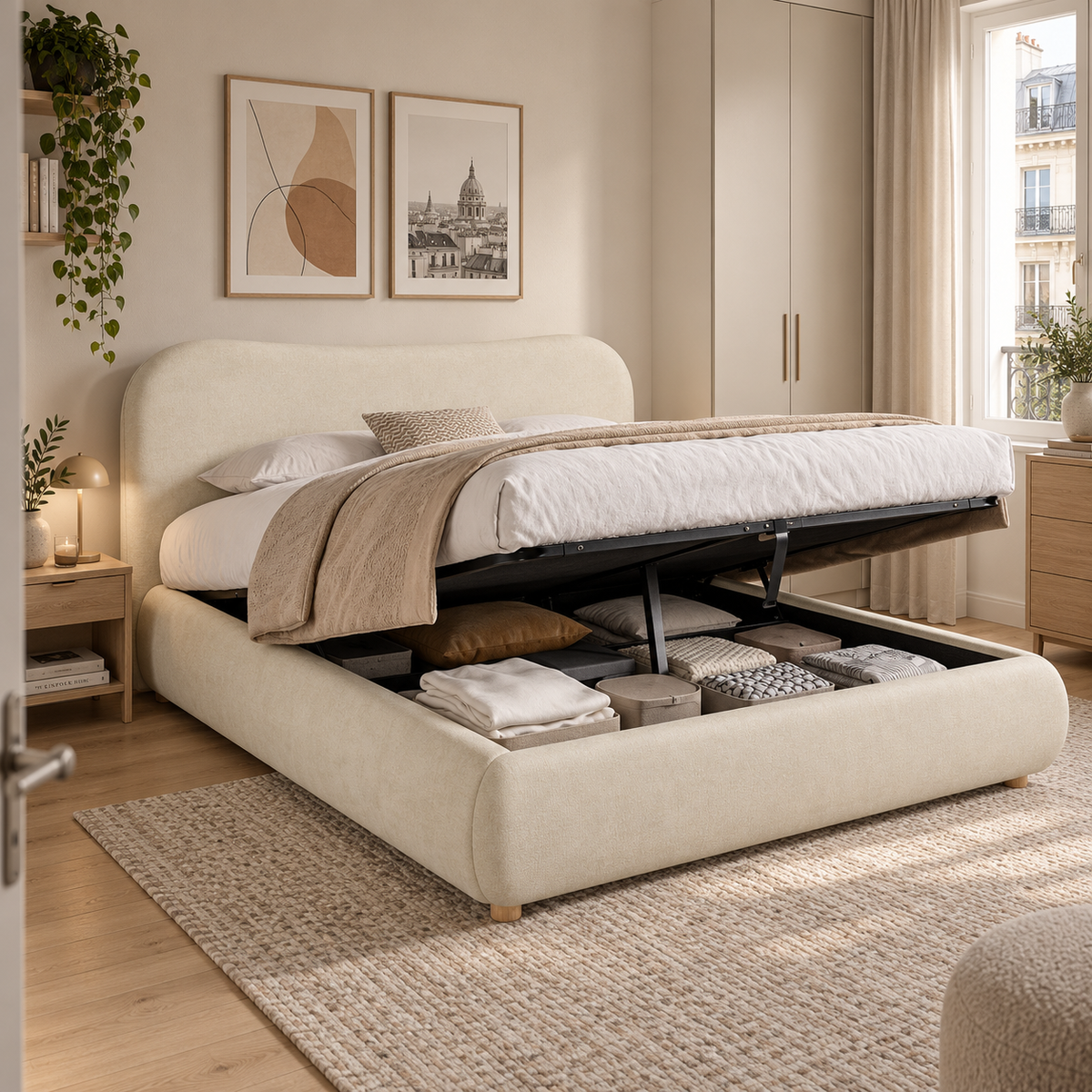 Upholstered Double Bed 160x200cm Hydraulic Storage, Beige Chenille