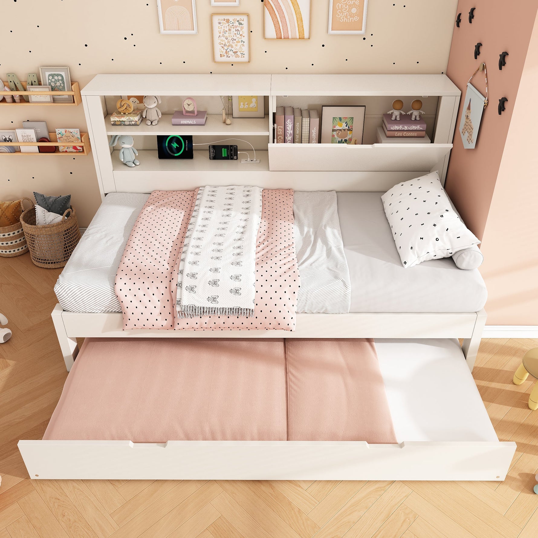 Sofa Bed with Pull-out Bed and Storage Back Panel, USB/USB-C Charging Station, White