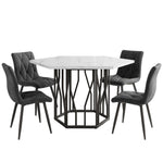 Dining Set 5-Piece, Hexagonal Marble Table with 4 Velvet Chairs, Grey Velvet