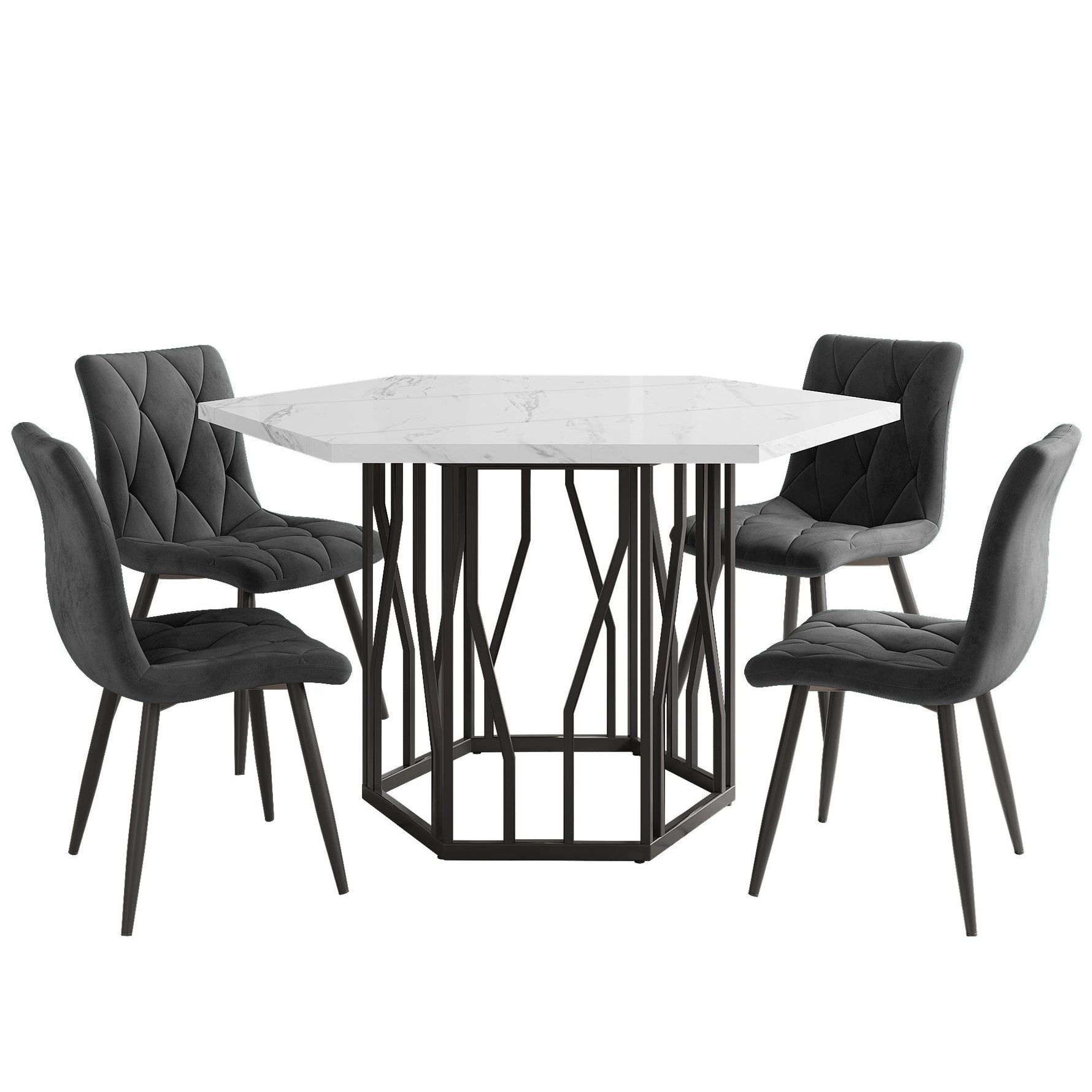 Dining Set 5-Piece, Hexagonal Marble Table with 4 Velvet Chairs, Grey Velvet