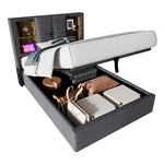 Single Bed, Wireless Charging USB C, 90x200cm with Storage, Wood-Grey Cotton