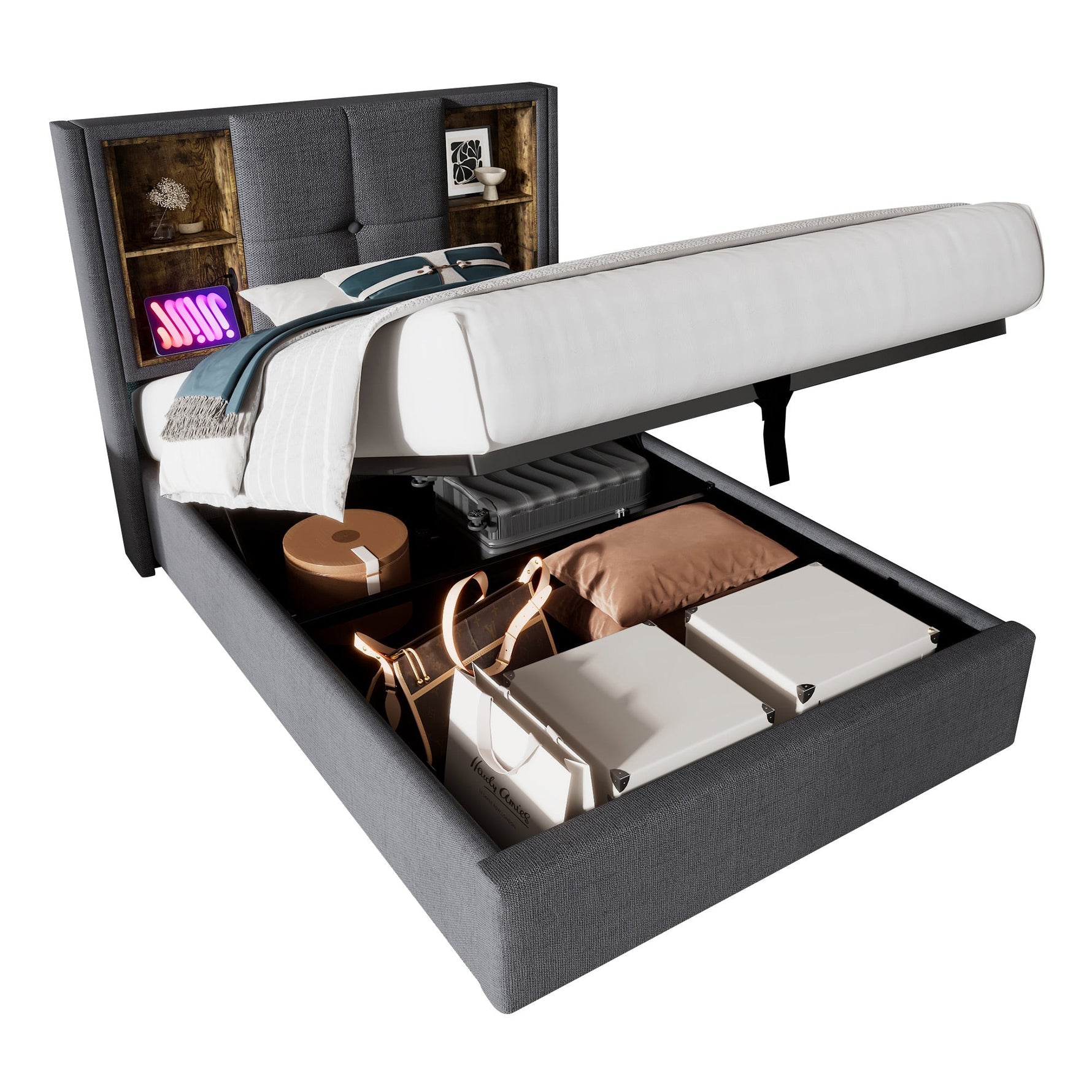 Single Bed with Wireless Charging & Storage, 90x200cm, Grey Cotton