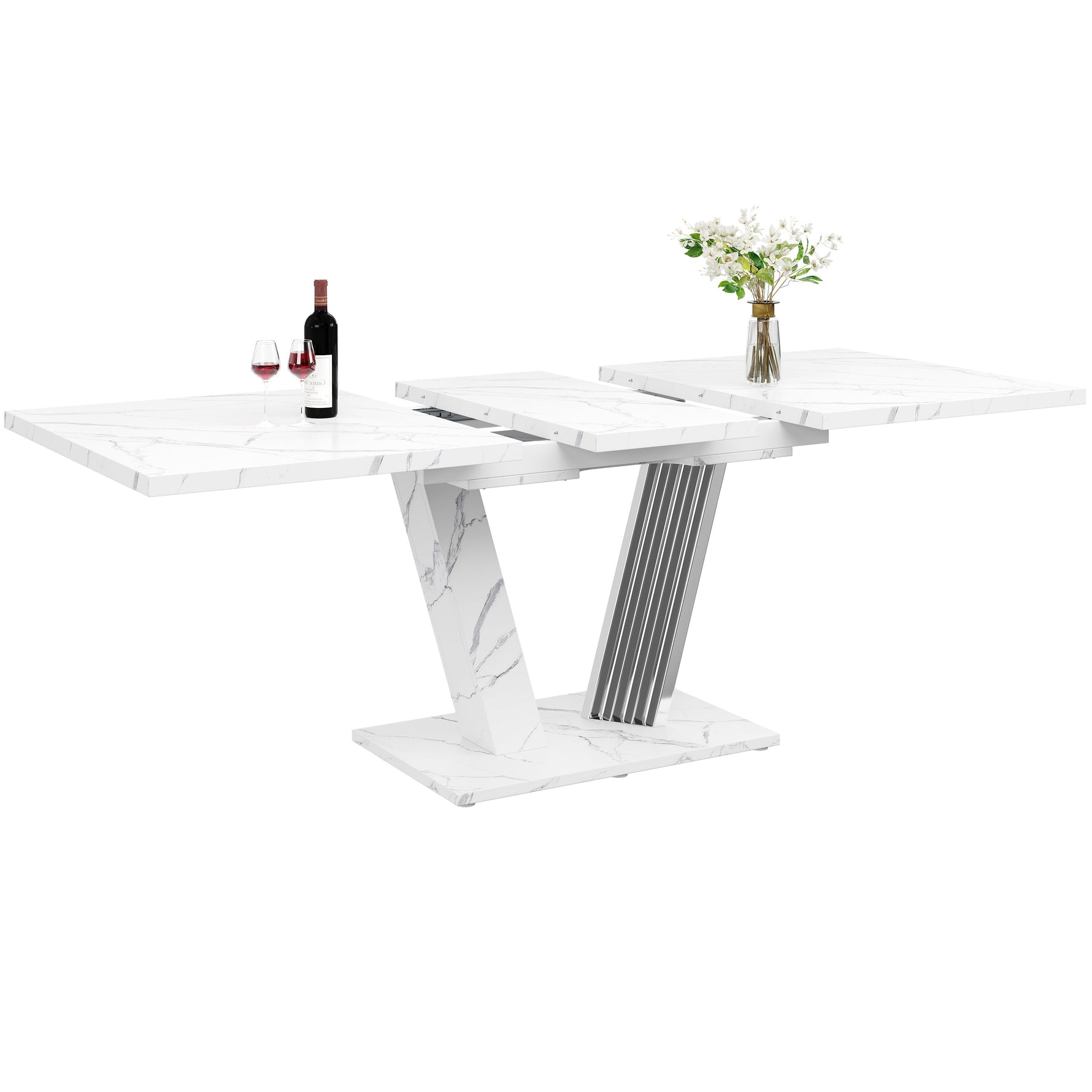 Extendable Dining Table with Butterfly Frame and Leaf, Marble Top and Metal