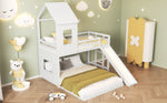 Bunk Bed, Slide House Bed with Safety Gate & Ladder, Pine + MDF, White
