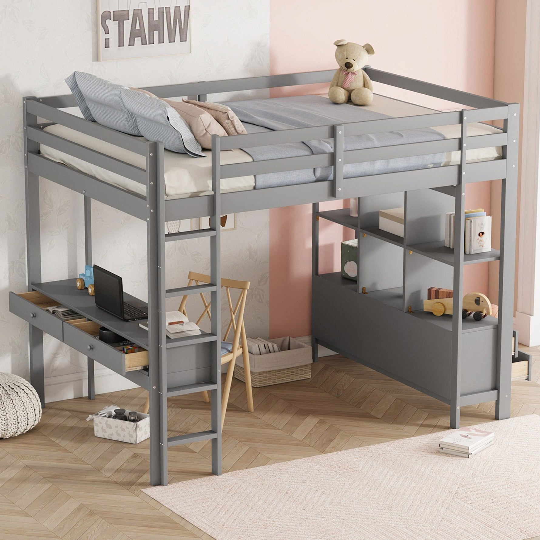 Loft Bed 140x200cm Storage Drawers Under-Bed Desk - Grey