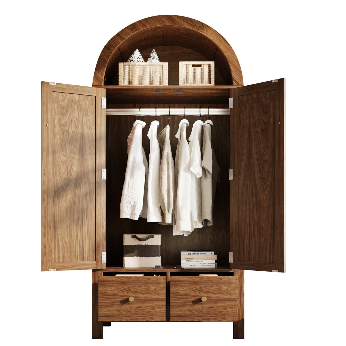 Wardrobe with Rattan Weave and 2 Drawers, Walnut Look