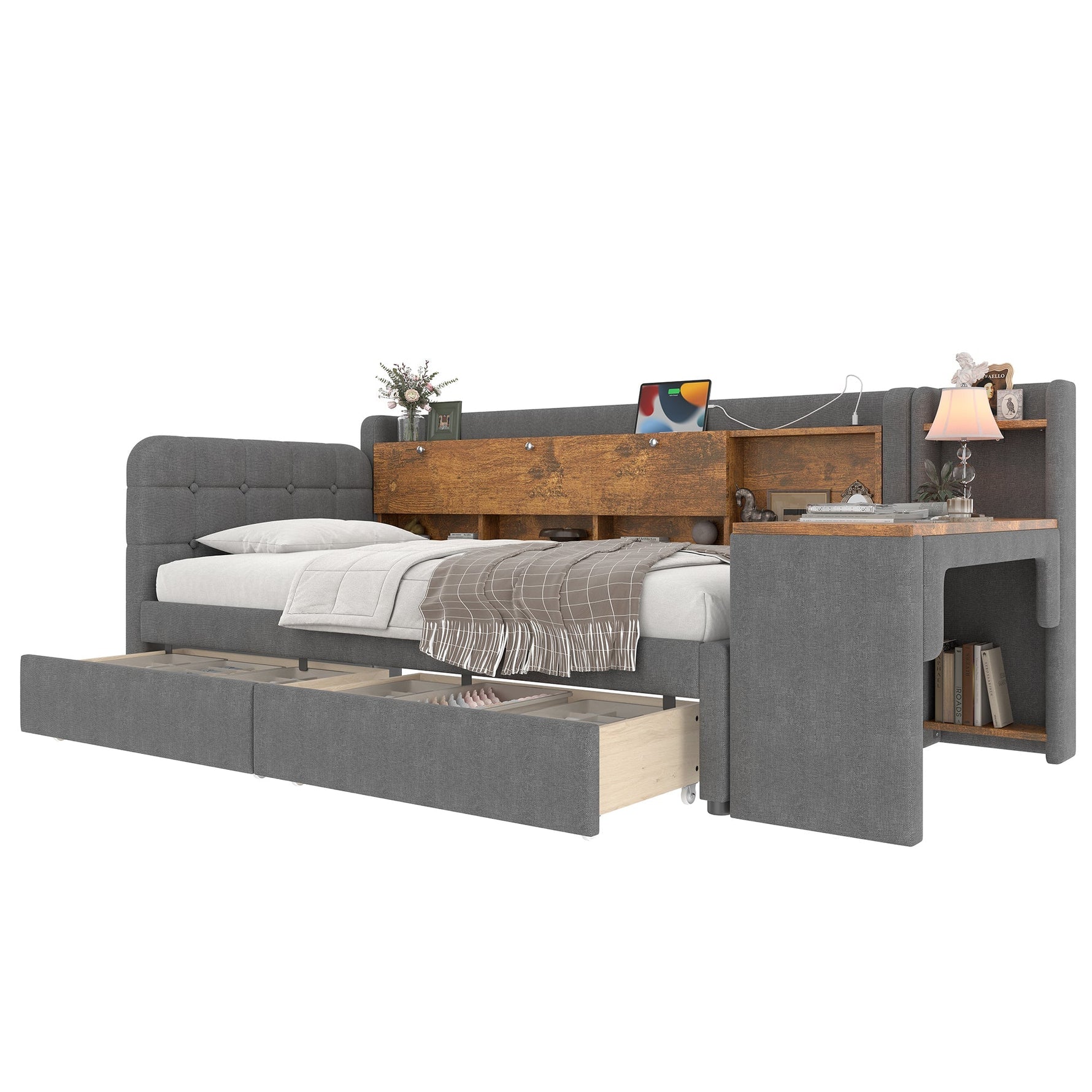 Daybed with Desk and USB Charging, 2 Drawers and Storage Compartments, Grey Linen