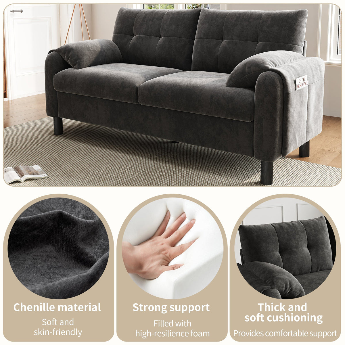 Modern 2-Seater Sofa, Thick Cushions, Scandinavian Design, Chenille Gray