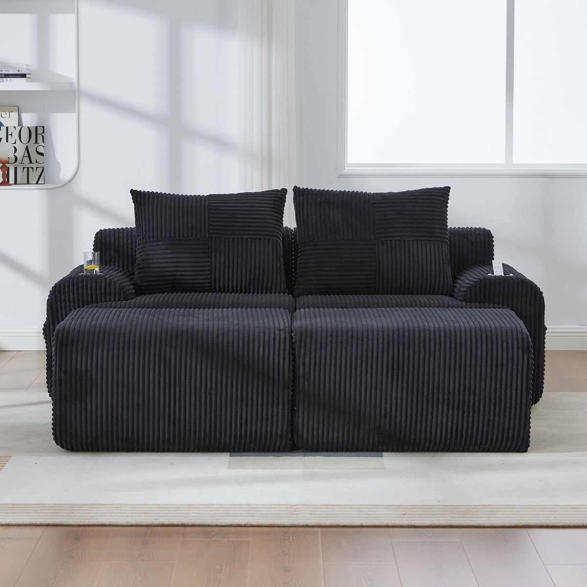 Modular 2-Seater Sofa with 2 Ottomans, Cupholder and Storage Pocket, Black Corduroy