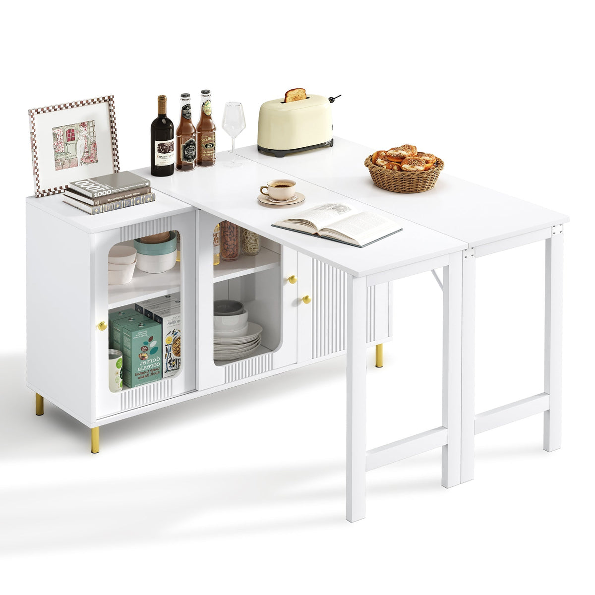 Buffet Sideboard Folding Extendable Top Rotating Glass Wave Doors - White