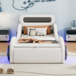 Car Shaped Upholstered Bed with Light-up Wheels and Storage, White PU