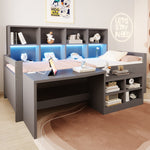 Children's Bed 90x200cm with Desk & LED Light, Solid Wood, Grey