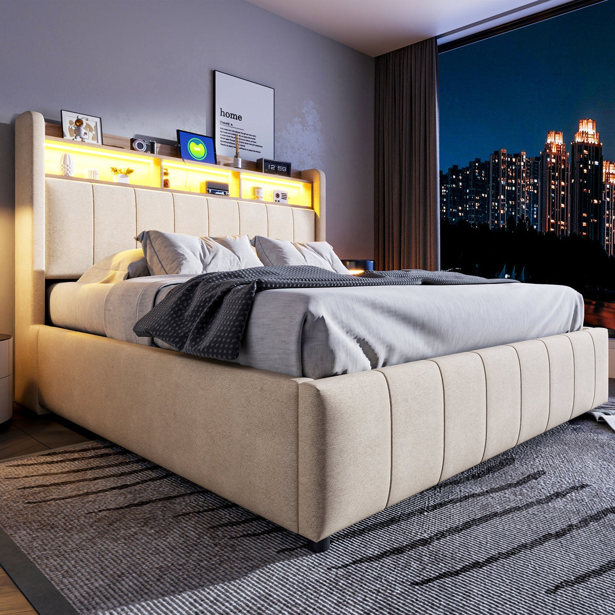Upholstered Bed 160x200cm LED/USB, Storage, Hydraulic Lift, Beige Linen Fabric