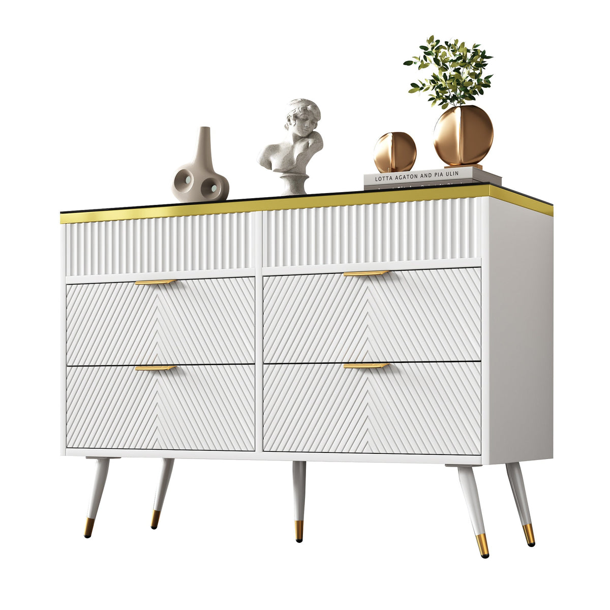 Sideboard, 6-Drawer Amber Glass, White