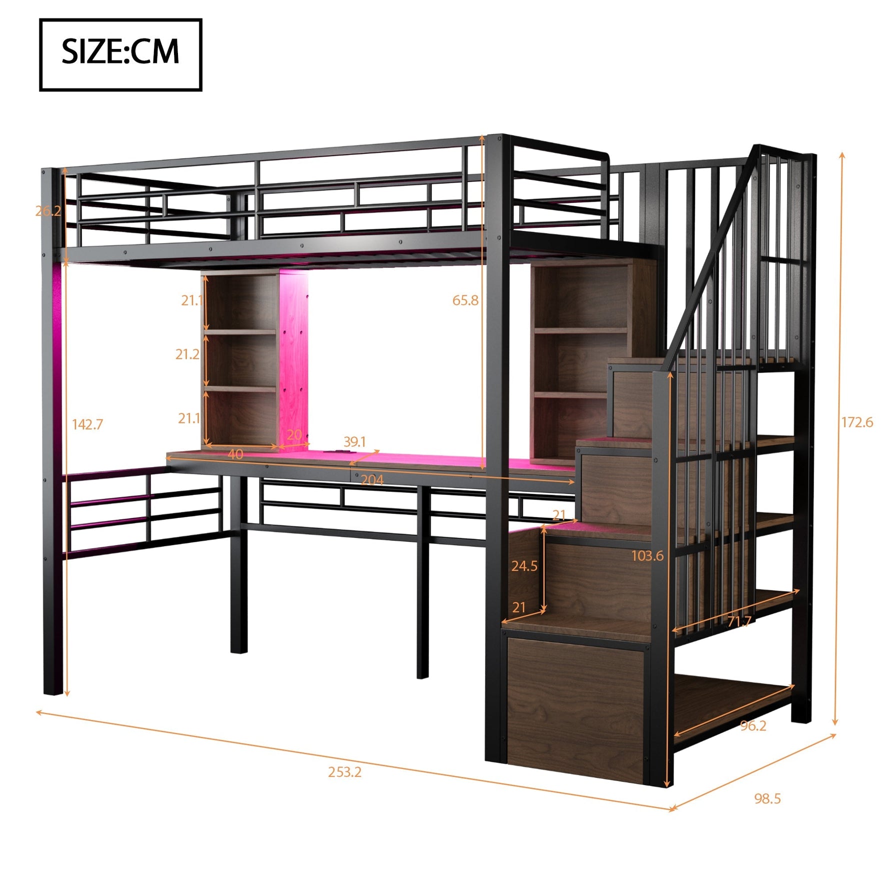 Loft Bed with Desk, Storage Stairs, LED and Socket, 90x200cm, Black Iron