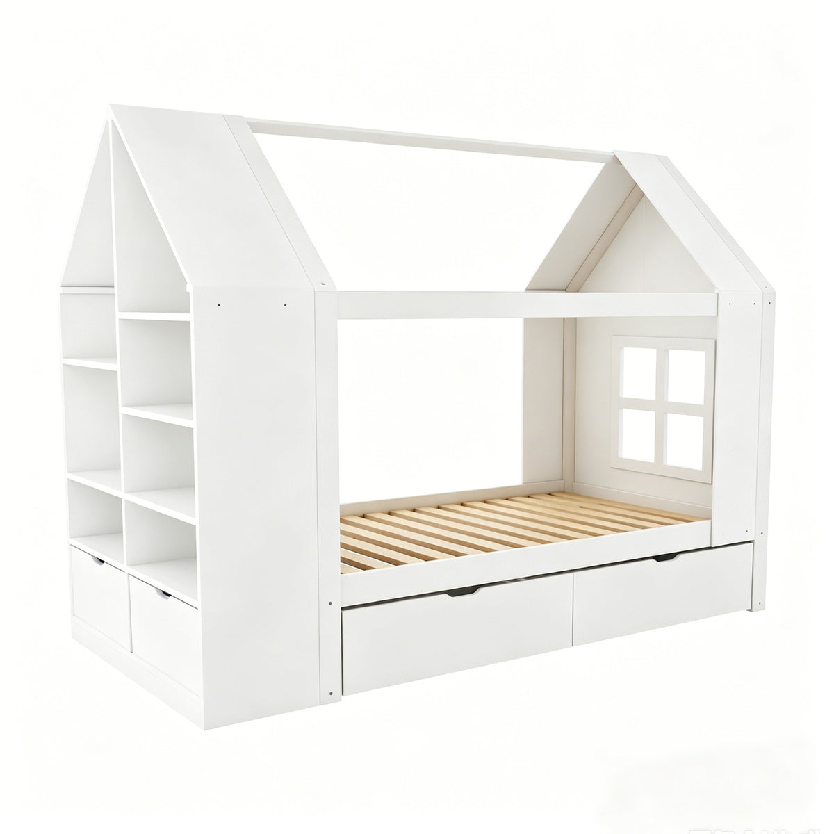 House Bed 90x200cm with 2 Drawers & LED Lighting, White
