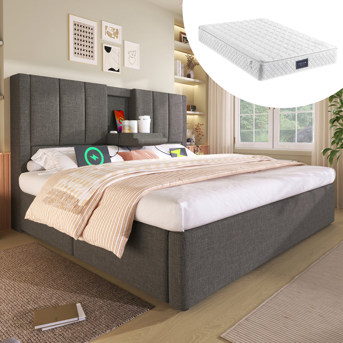 Upholstered Bed 140x200 with Storage & Charging Station, Grey Linen