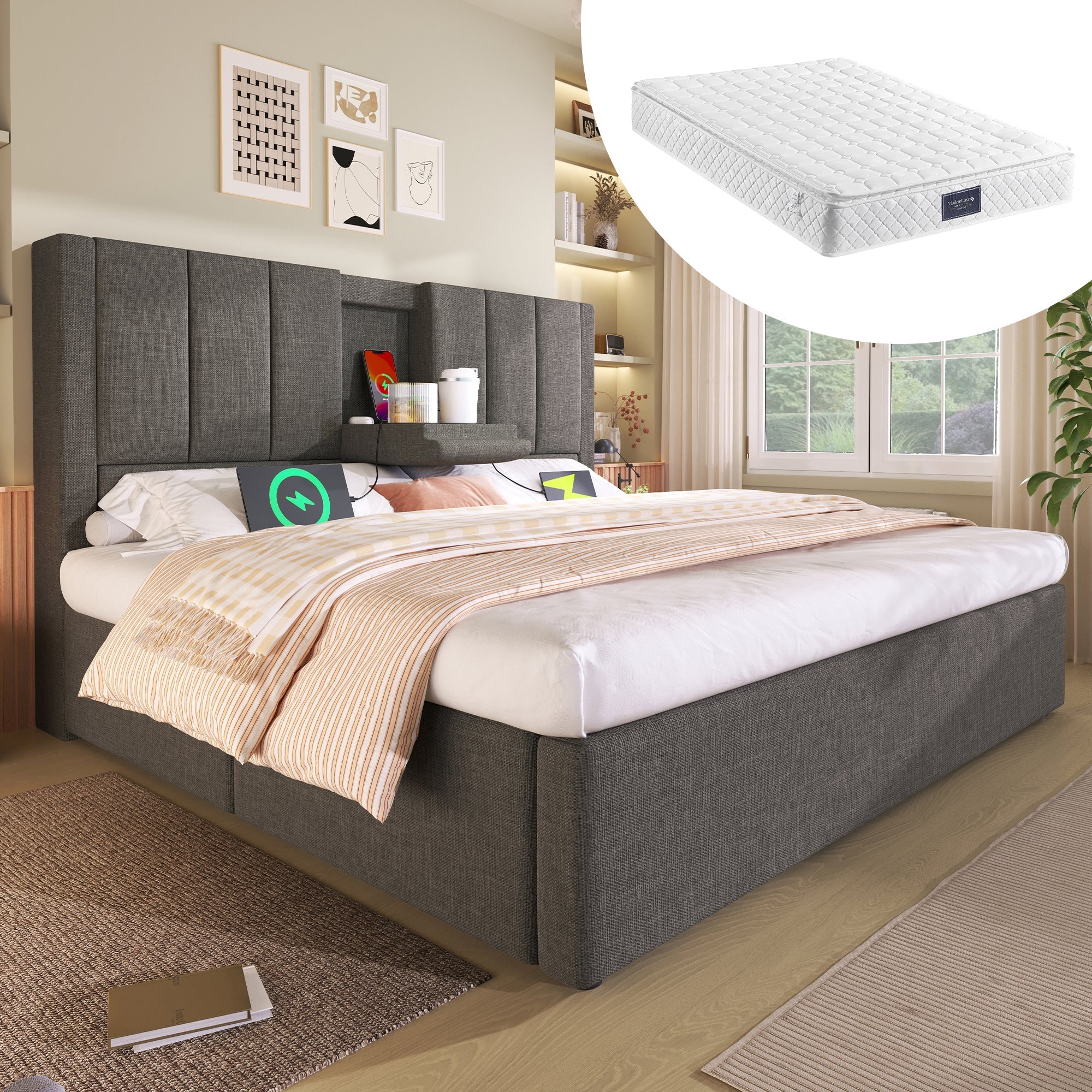 Upholstered Bed 160x200cm Hydraulic Storage with Hidden Cup Holder & Charging Station Linen Grey