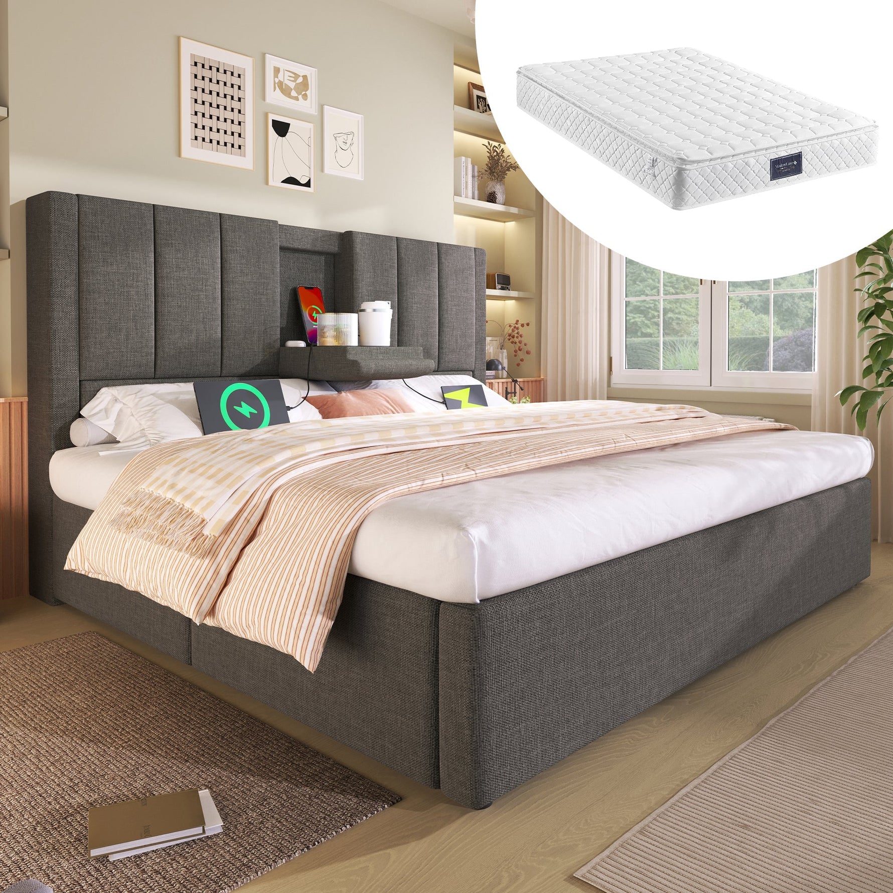 Upholstered Bed 160x200cm Hydraulic Storage with Hidden Cup Holder & Charging Station Linen Grey
