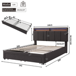 Upholstered Storage Bed 140x200cm LED Light & Drawers, Grey Linen
