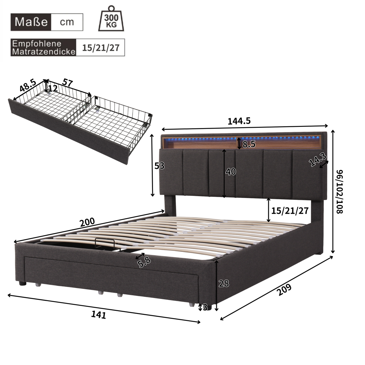 Upholstered Storage Bed 140x200cm LED Light & Drawers, Grey Linen