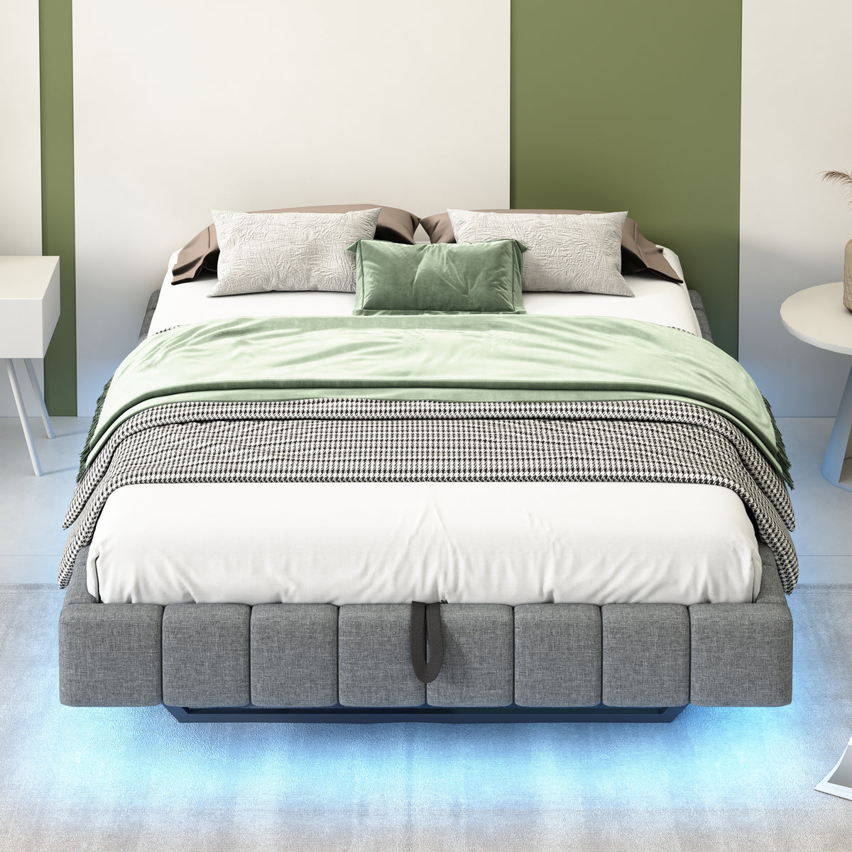 Upholstered Floating Bed 140x200 Hydraulic Storage LED, Grey Linen