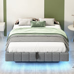 Upholstered Bed 140x200cm Floating Frame Storage LED Light Linen Grey