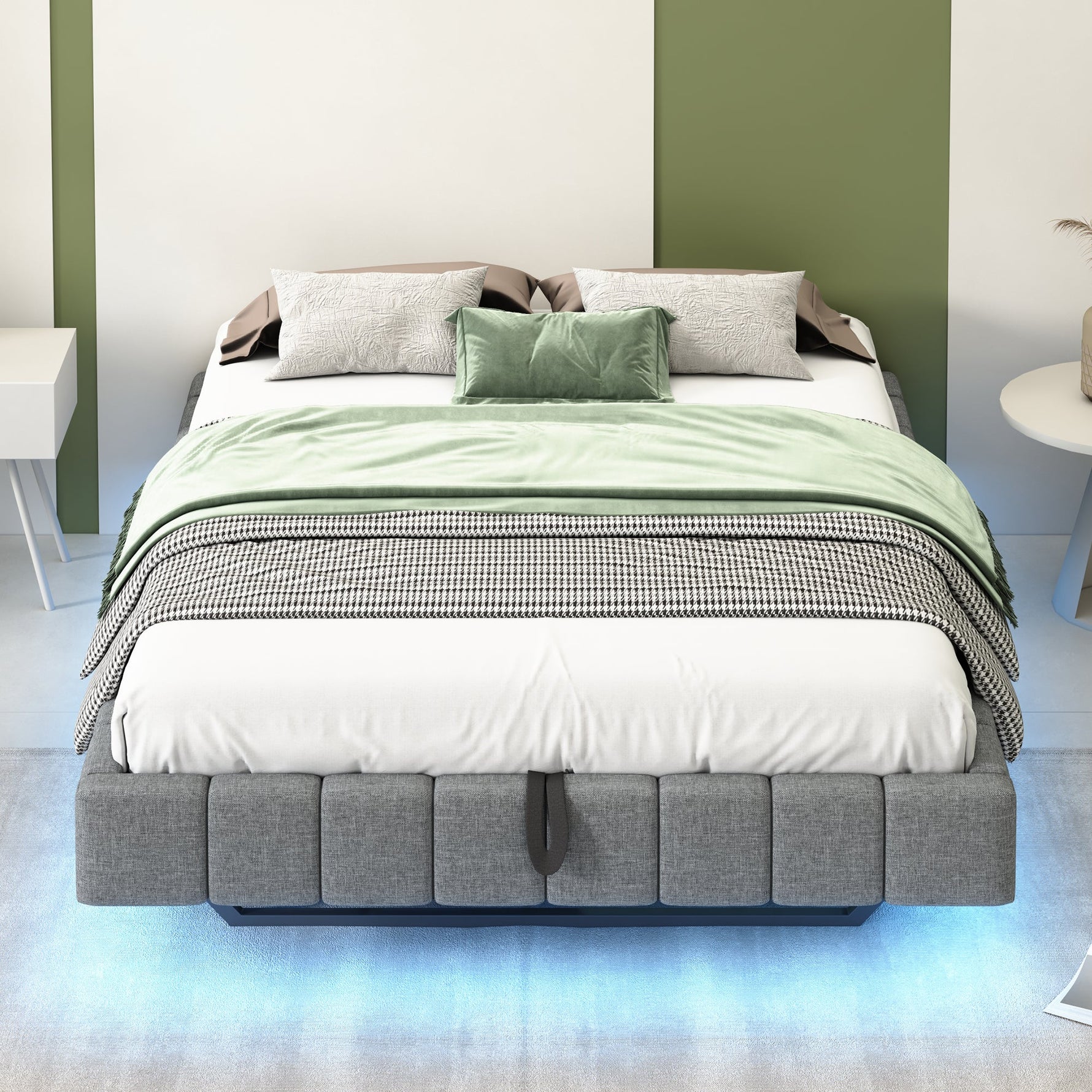 Upholstered Bed 140x200cm Floating Frame Storage LED Light Linen Grey