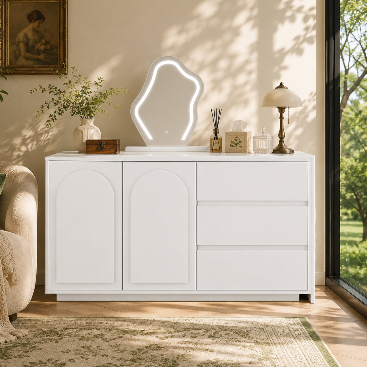 Dressing Table with LED Mirror & Extendable Tabletop, White