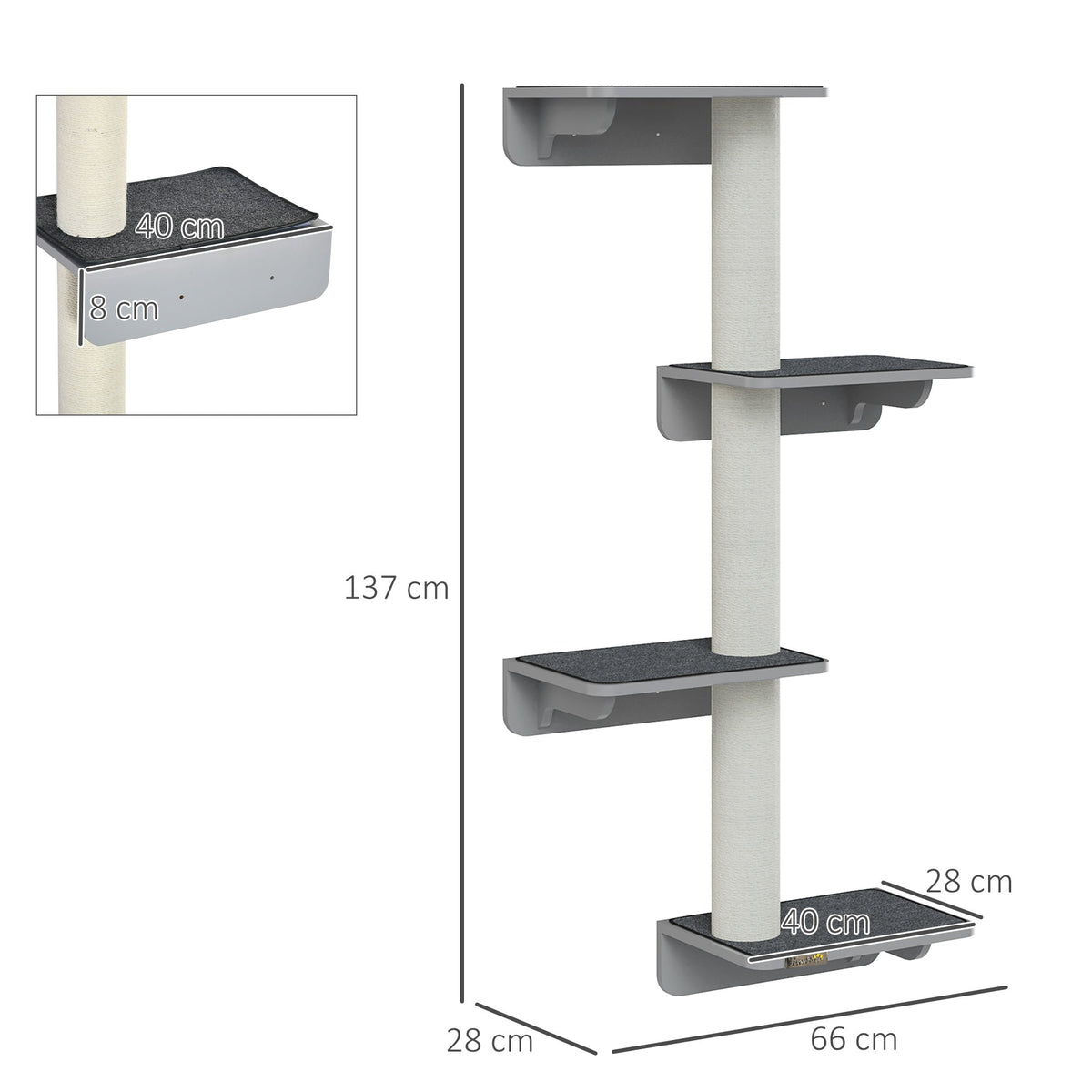 Wall-Mounted Cat Scratching Post with Climbing Wall, Wood in Light Grey Beige