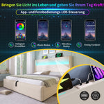 Hydraulic Bed 160x200cm, High Headboard LED Storage USB/Type-C, Linen Look Beige