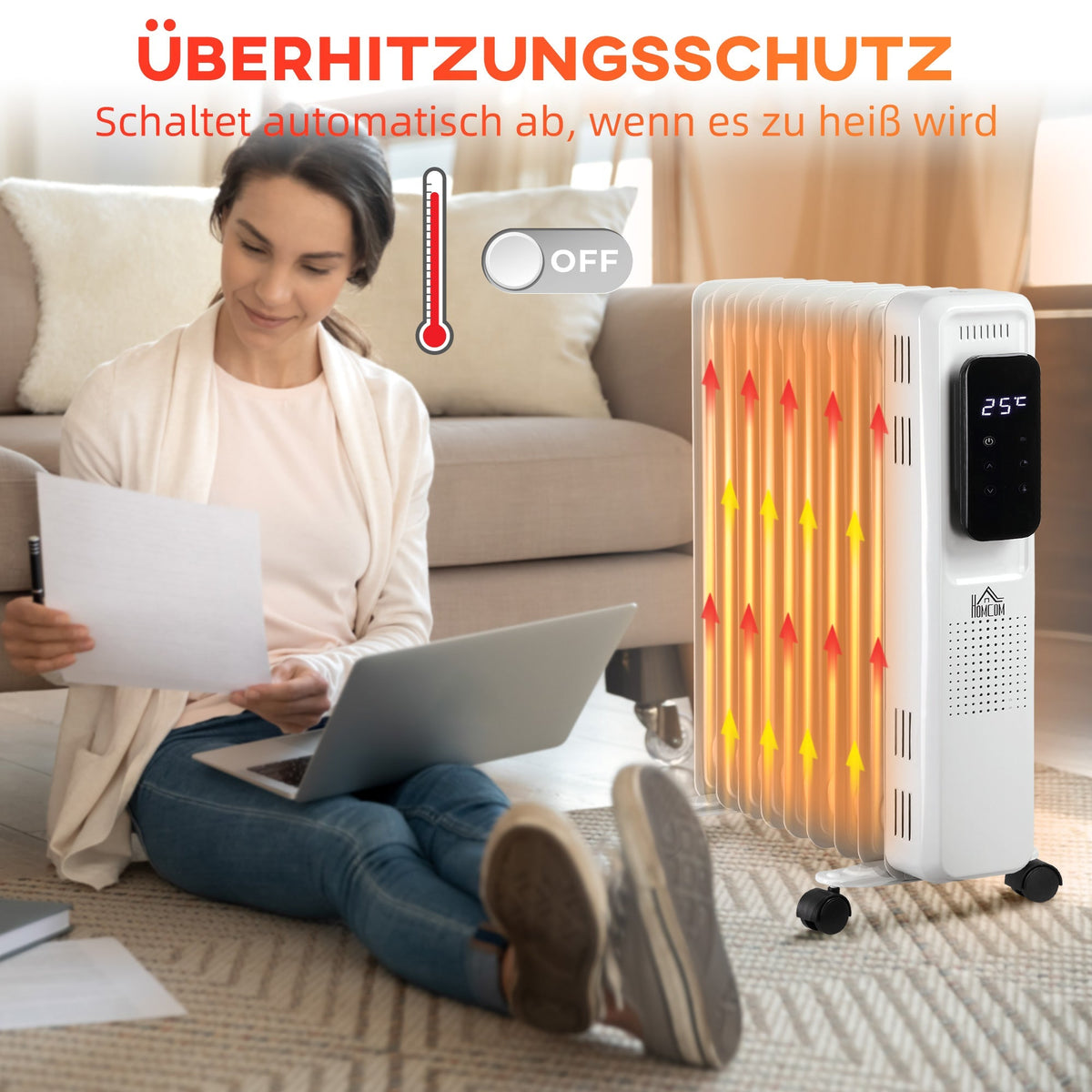 Oil Radiator Electric Heater, Portable, 3 Heat Settings, 24-Hour Timer, White Steel