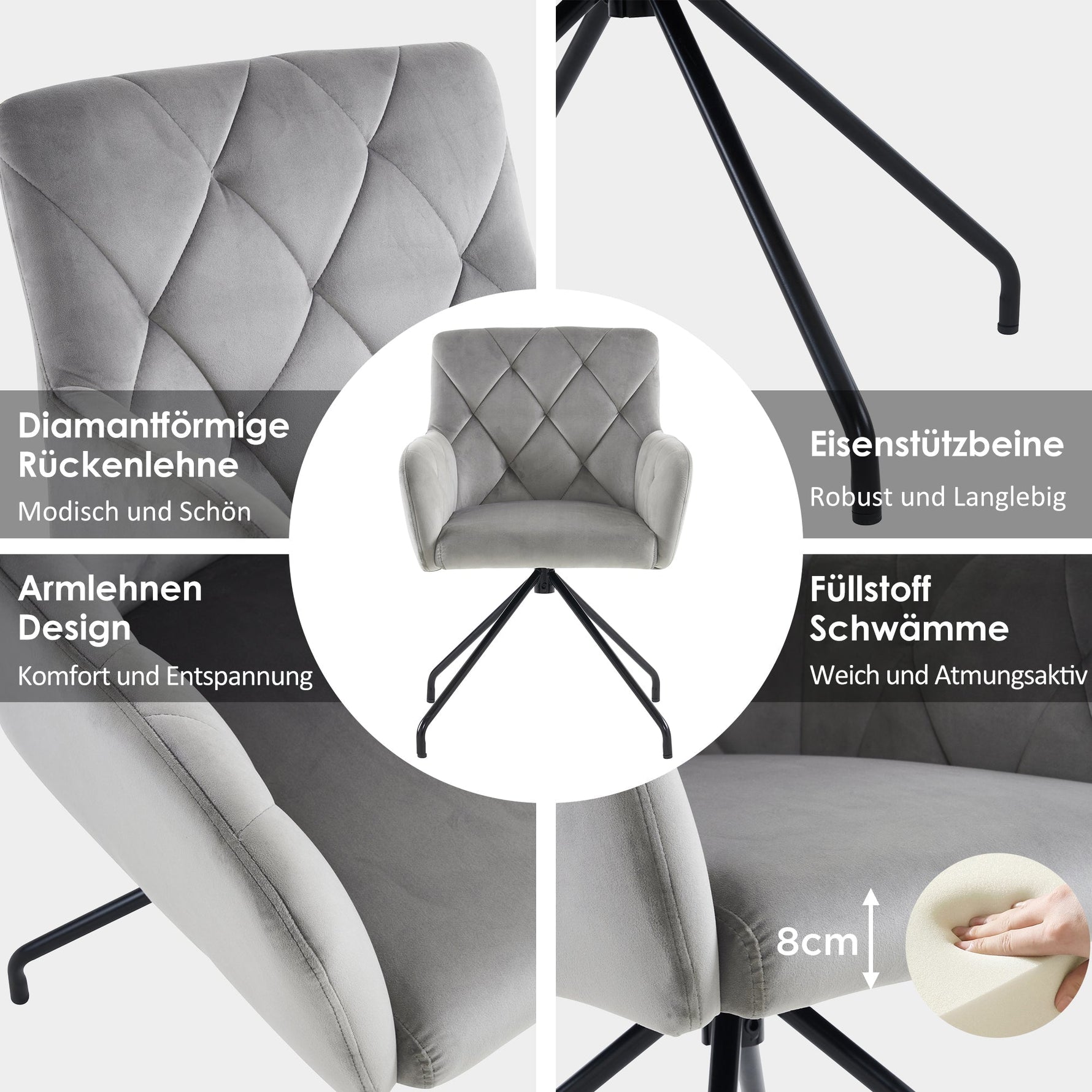 Set of 6 Dining Chairs with Diamond Pattern and Lumbar Support, Light Grey Velvet